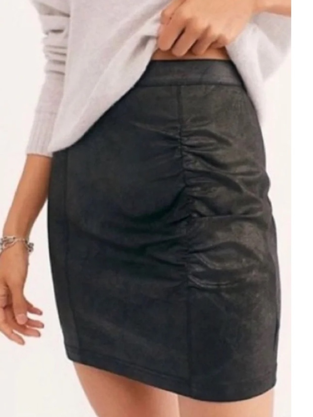 Free People Black Faux Leather Mini Skirt with Side Ruching size M